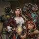 The heroes of Skyraiders of Aberax, including humanoid panther and dragonkin, a female halfling, and two humans, one male and one female, in front of a flying ship.